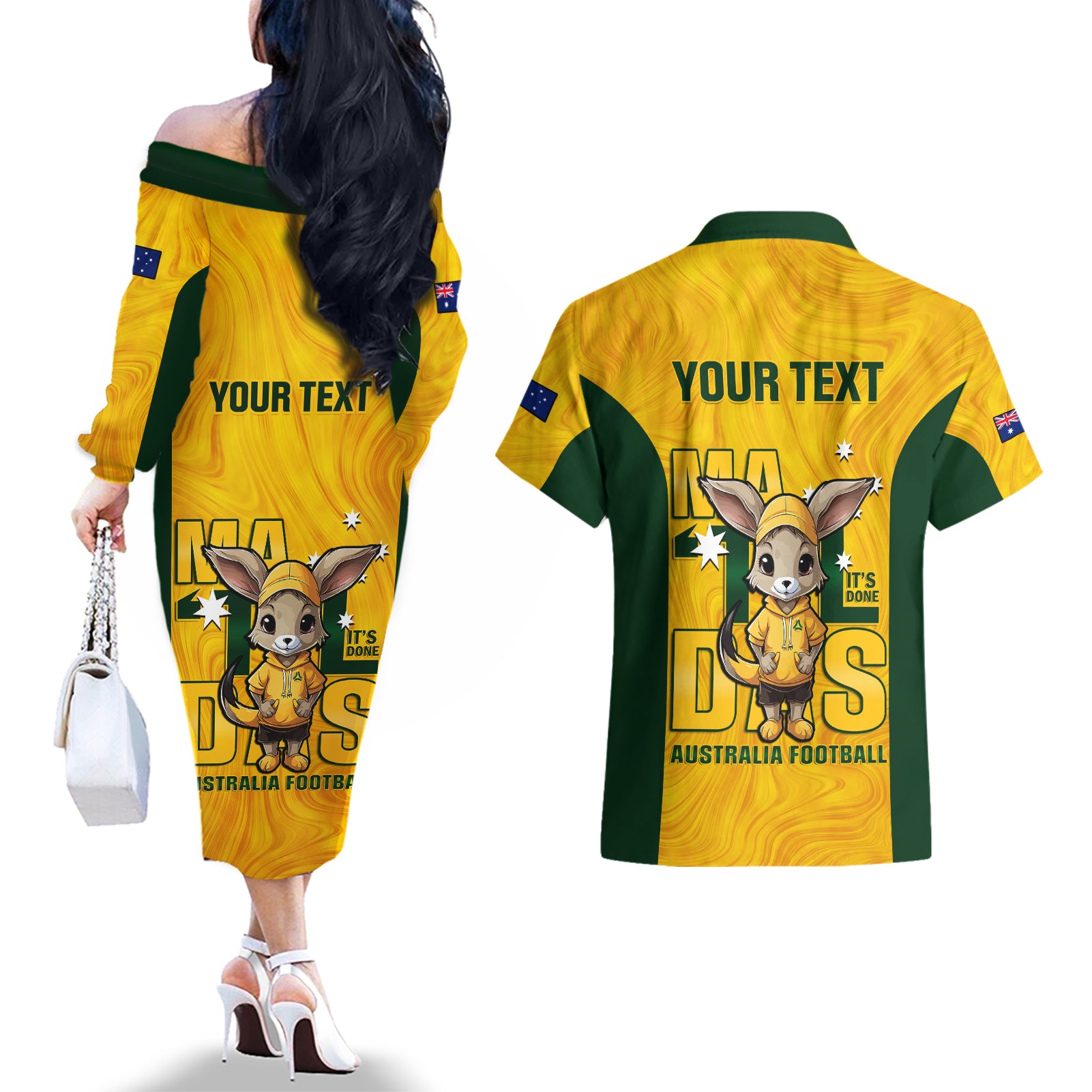 custom-matildas-couples-matching-off-the-shoulder-long-sleeve-dress-and-hawaiian-shirt-australian-cute-mascot-unique-gold-version