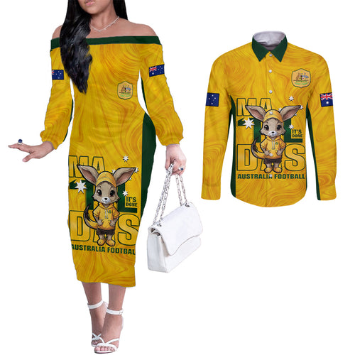 custom-matildas-couples-matching-off-the-shoulder-long-sleeve-dress-and-long-sleeve-button-shirt-australian-cute-mascot-unique-gold-version