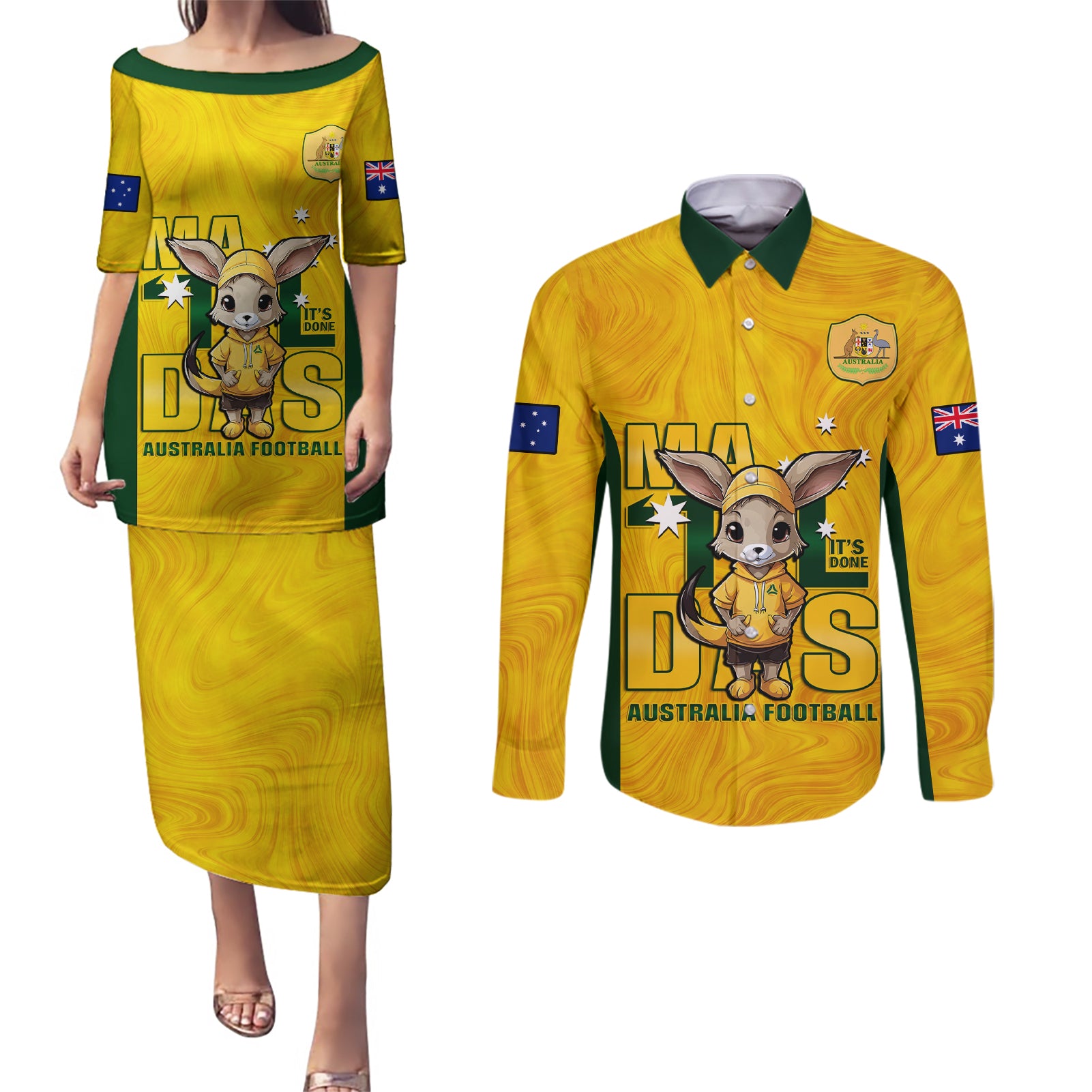 custom-matildas-couples-matching-puletasi-dress-and-long-sleeve-button-shirt-australian-cute-mascot-unique-gold-version