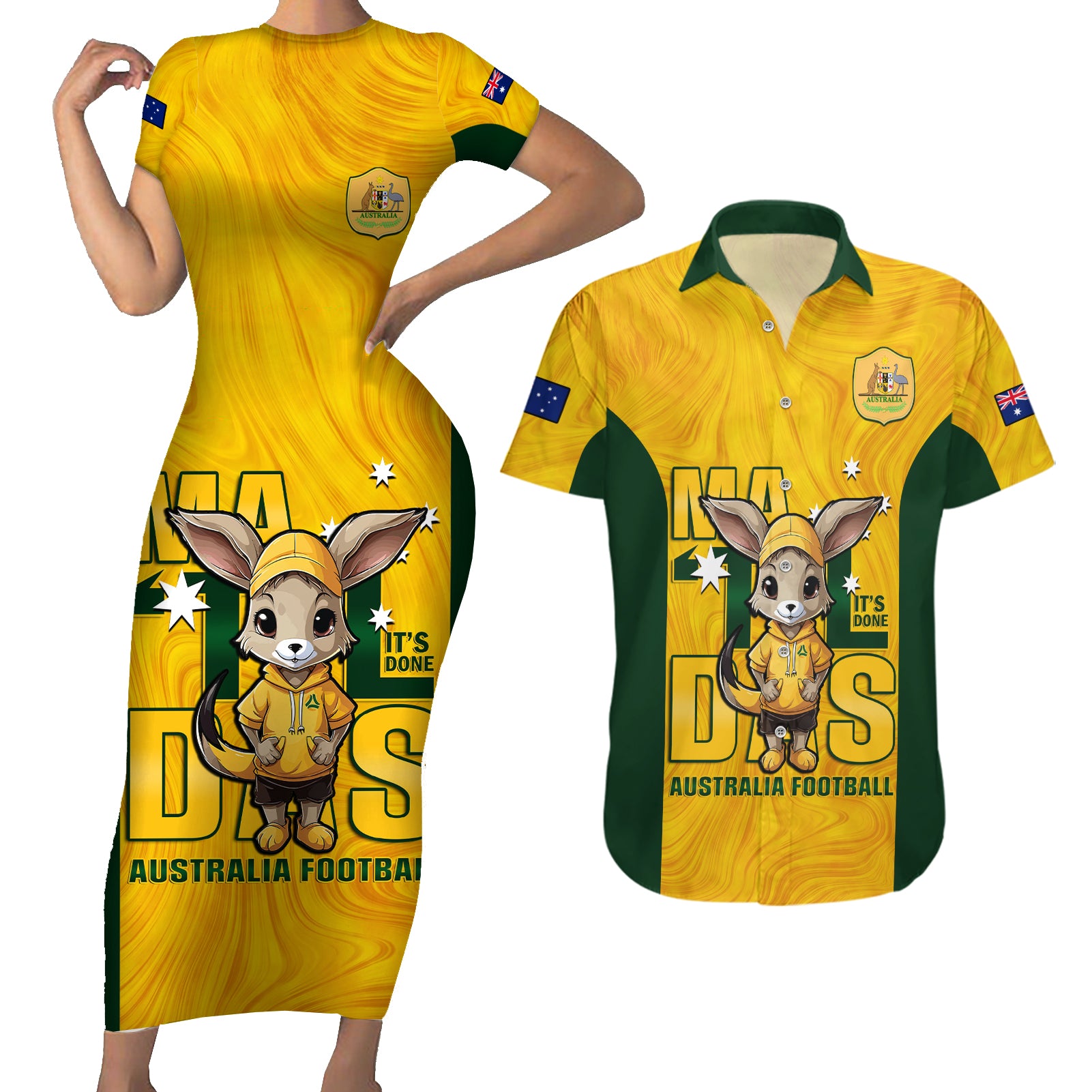 custom-matildas-couples-matching-short-sleeve-bodycon-dress-and-hawaiian-shirt-australian-cute-mascot-unique-gold-version