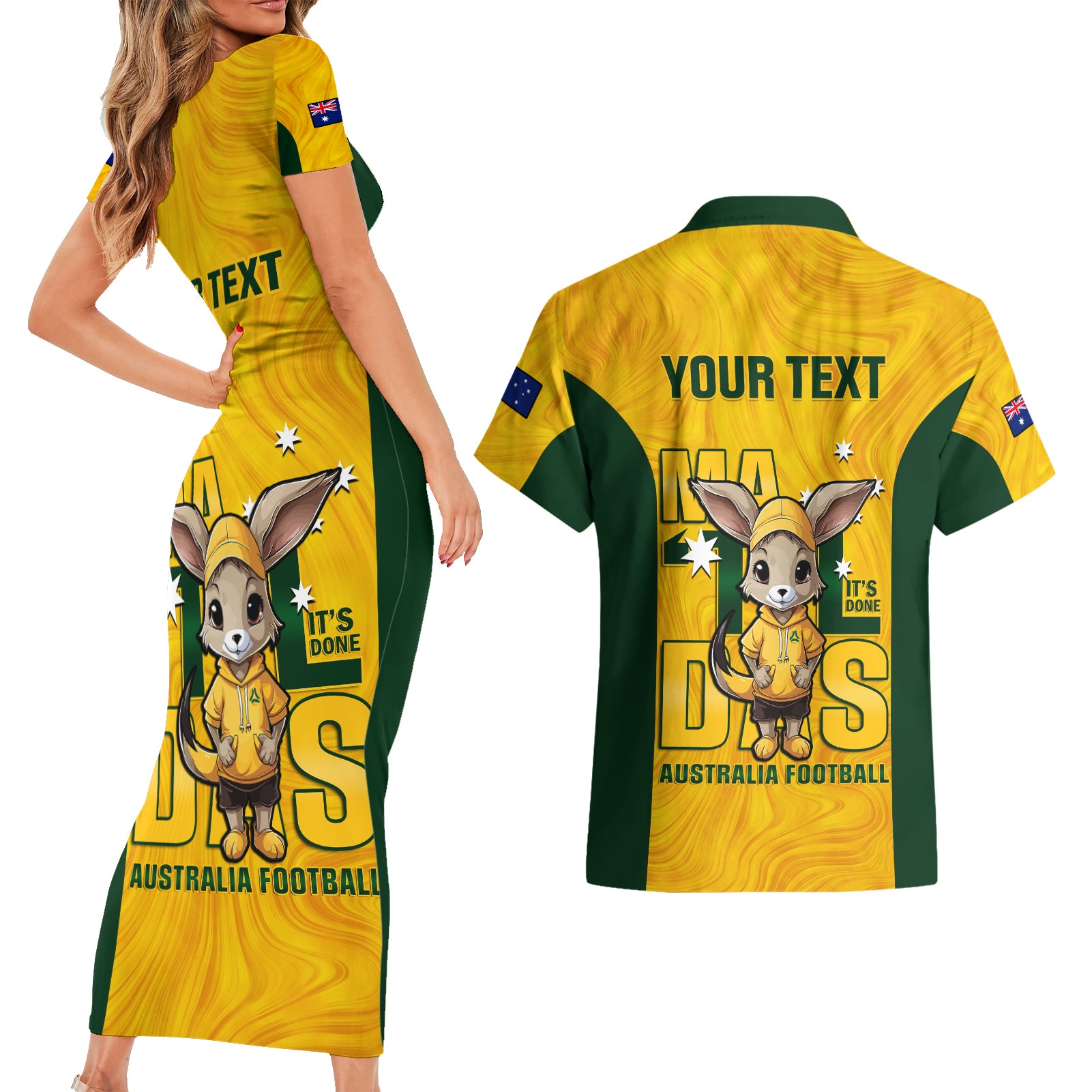 custom-matildas-couples-matching-short-sleeve-bodycon-dress-and-hawaiian-shirt-australian-cute-mascot-unique-gold-version