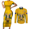 custom-matildas-couples-matching-short-sleeve-bodycon-dress-and-long-sleeve-button-shirt-australian-cute-mascot-unique-gold-version