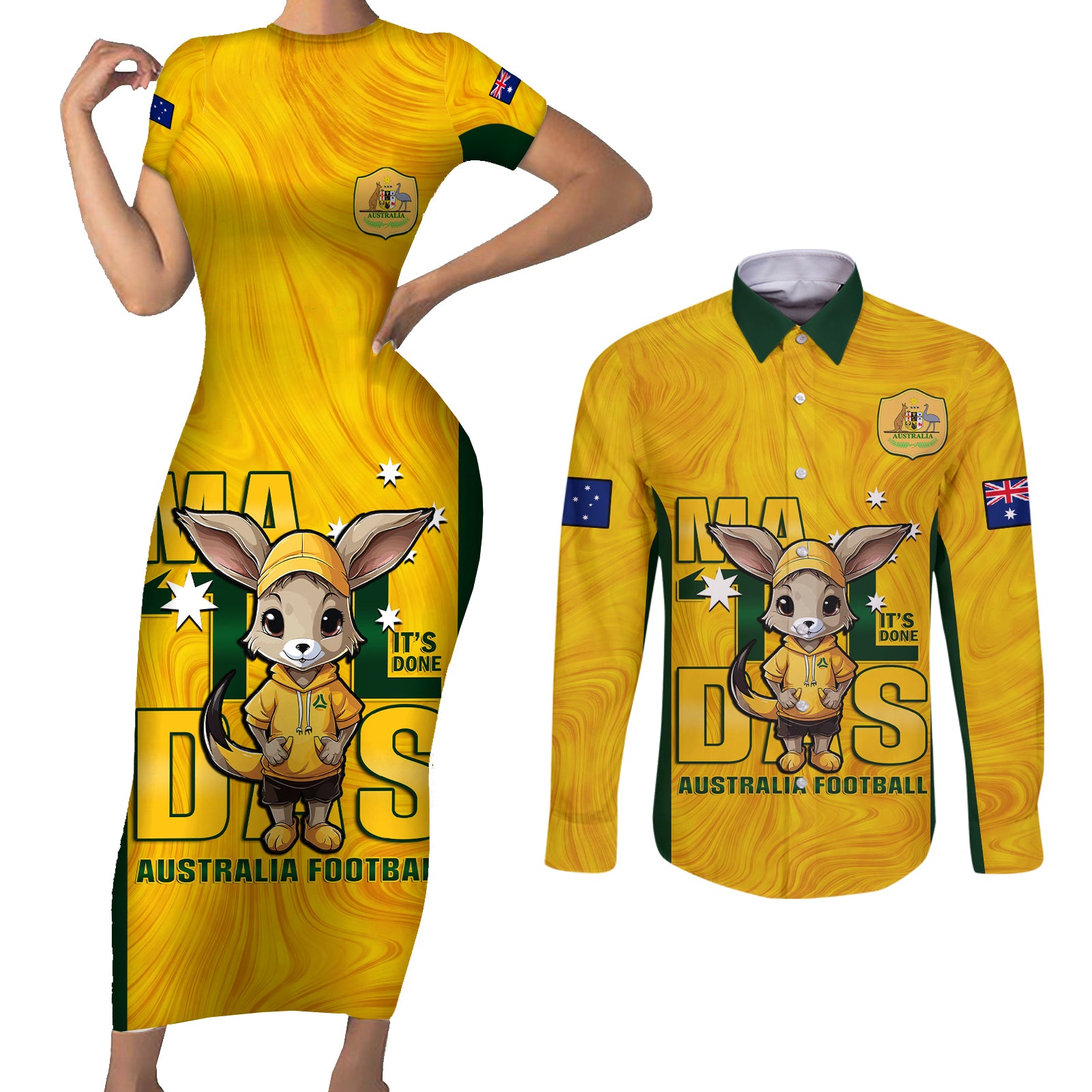 custom-matildas-couples-matching-short-sleeve-bodycon-dress-and-long-sleeve-button-shirt-australian-cute-mascot-unique-gold-version