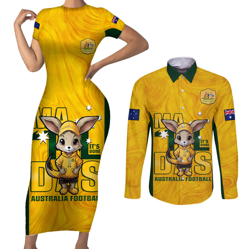 custom-matildas-couples-matching-short-sleeve-bodycon-dress-and-long-sleeve-button-shirt-australian-cute-mascot-unique-gold-version