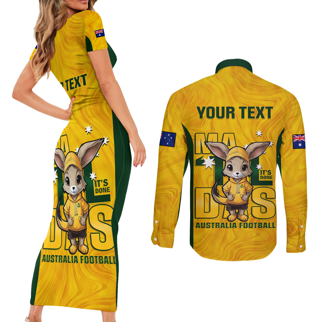 custom-matildas-couples-matching-short-sleeve-bodycon-dress-and-long-sleeve-button-shirt-australian-cute-mascot-unique-gold-version