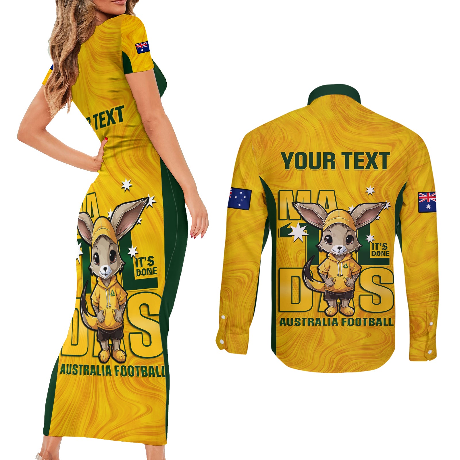 custom-matildas-couples-matching-short-sleeve-bodycon-dress-and-long-sleeve-button-shirt-australian-cute-mascot-unique-gold-version