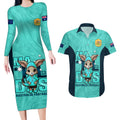 custom-matildas-couples-matching-long-sleeve-bodycon-dress-and-hawaiian-shirt-australian-cute-mascot-unique-turquosie-version