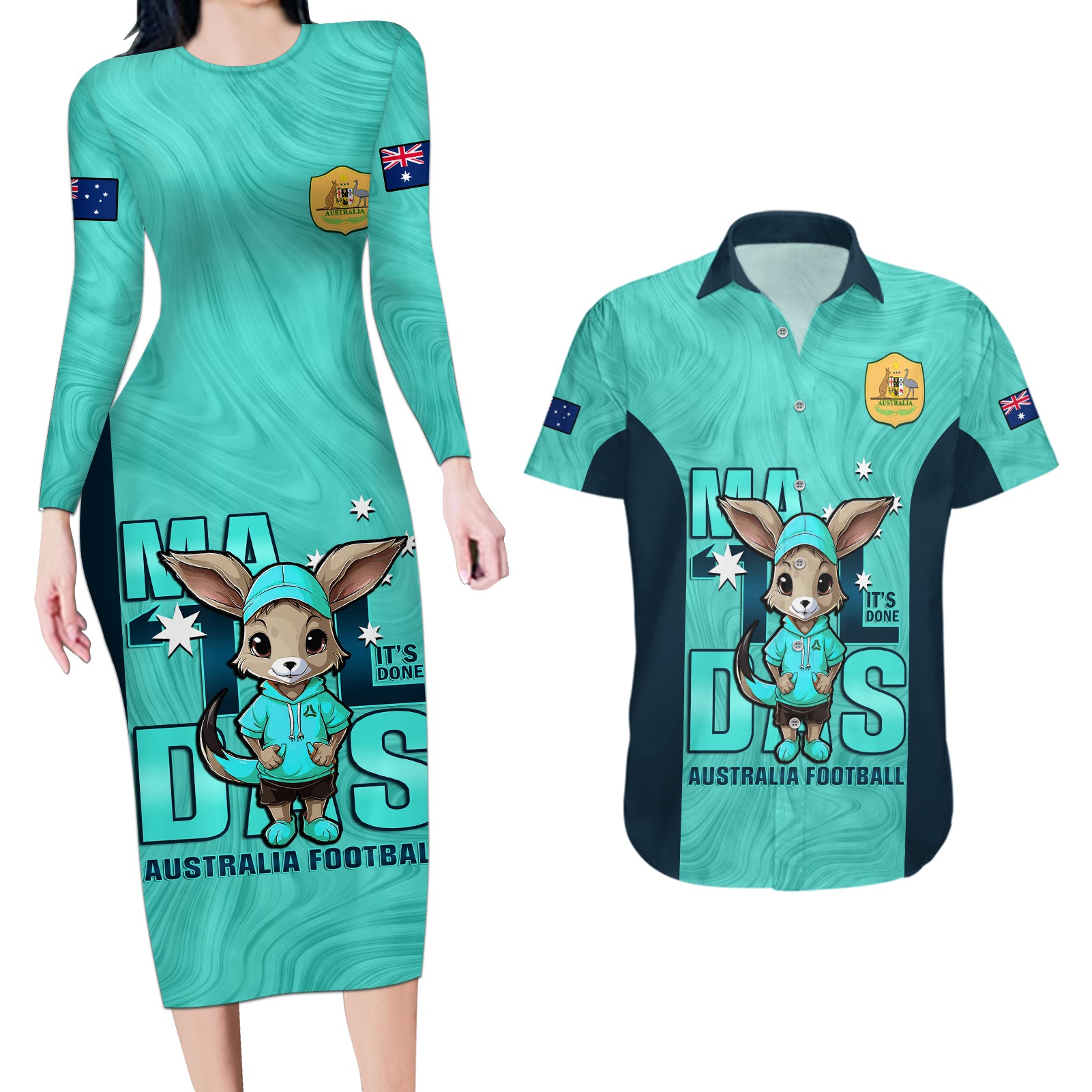 custom-matildas-couples-matching-long-sleeve-bodycon-dress-and-hawaiian-shirt-australian-cute-mascot-unique-turquosie-version