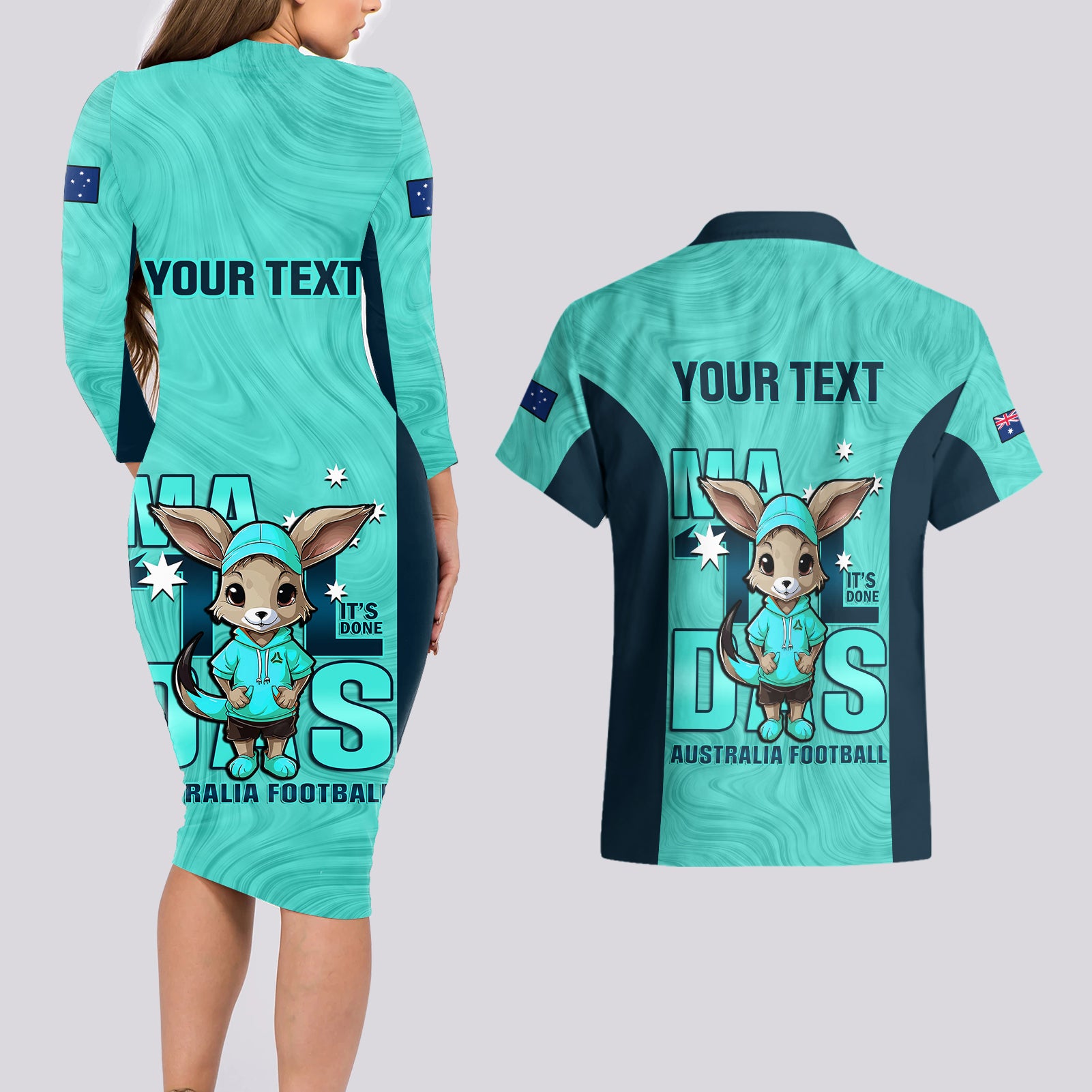 custom-matildas-couples-matching-long-sleeve-bodycon-dress-and-hawaiian-shirt-australian-cute-mascot-unique-turquosie-version