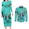 custom-matildas-couples-matching-long-sleeve-bodycon-dress-and-long-sleeve-button-shirt-australian-cute-mascot-unique-turquosie-version