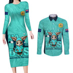 custom-matildas-couples-matching-long-sleeve-bodycon-dress-and-long-sleeve-button-shirt-australian-cute-mascot-unique-turquosie-version