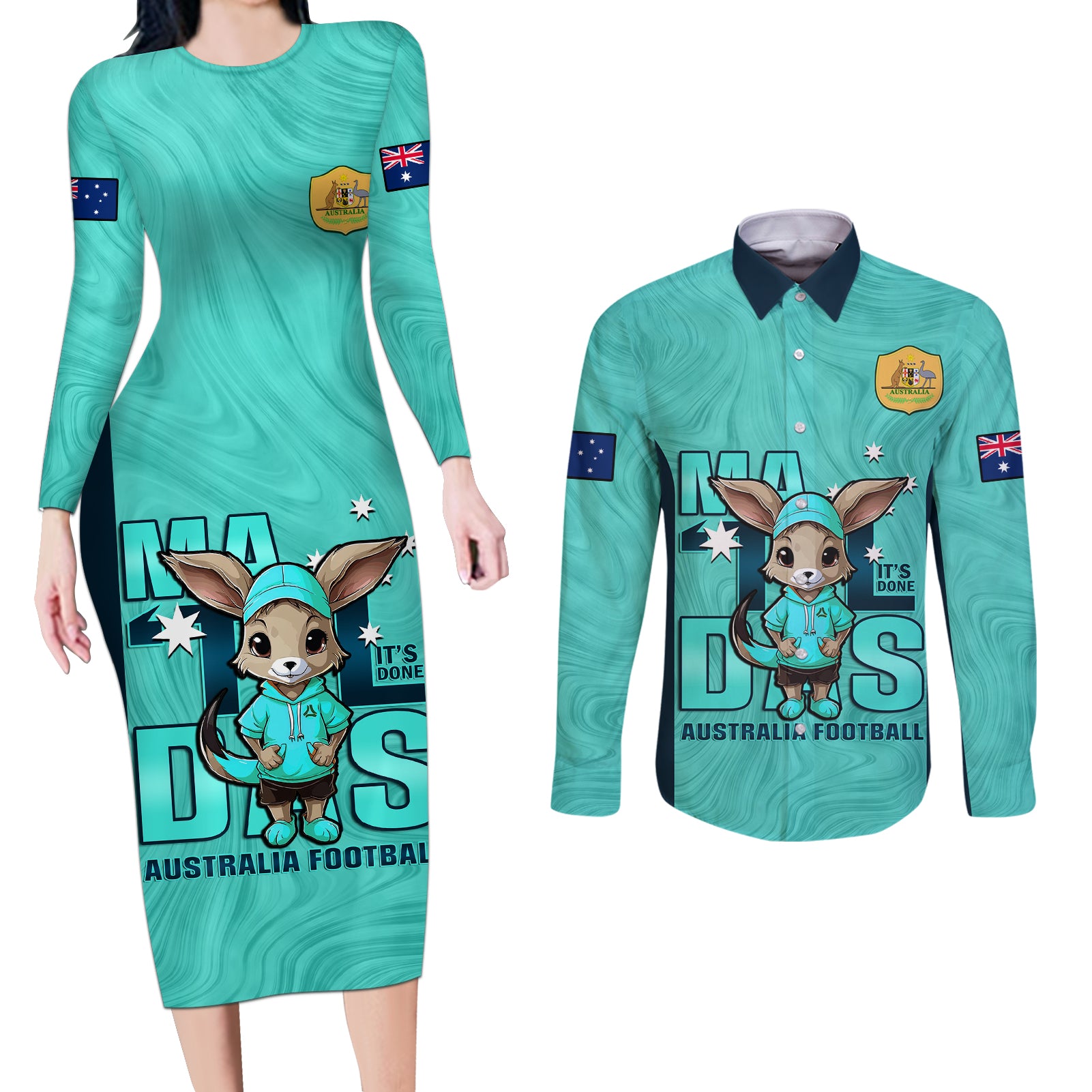 custom-matildas-couples-matching-long-sleeve-bodycon-dress-and-long-sleeve-button-shirt-australian-cute-mascot-unique-turquosie-version