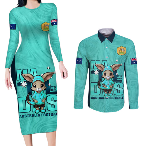custom-matildas-couples-matching-long-sleeve-bodycon-dress-and-long-sleeve-button-shirt-australian-cute-mascot-unique-turquosie-version