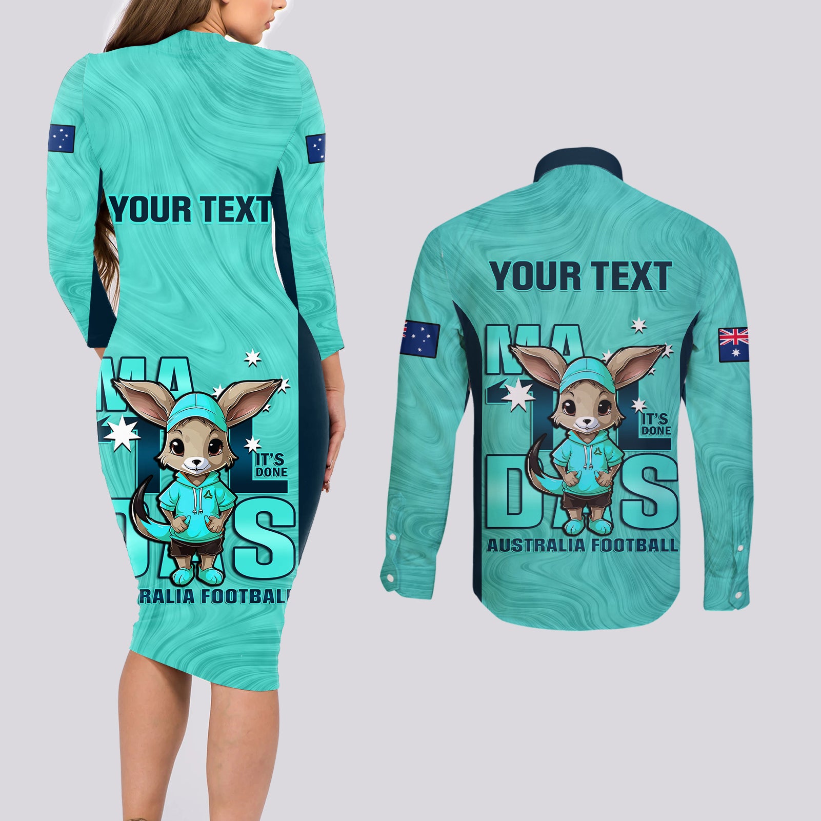 custom-matildas-couples-matching-long-sleeve-bodycon-dress-and-long-sleeve-button-shirt-australian-cute-mascot-unique-turquosie-version