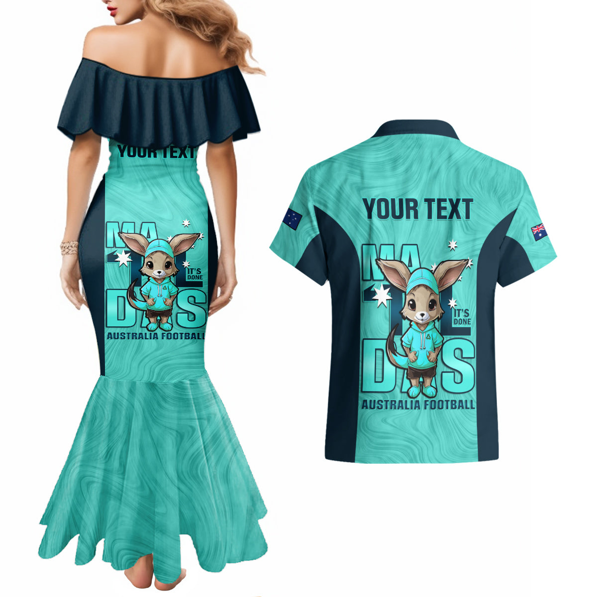 custom-matildas-couples-matching-mermaid-dress-and-hawaiian-shirt-australian-cute-mascot-unique-turquosie-version