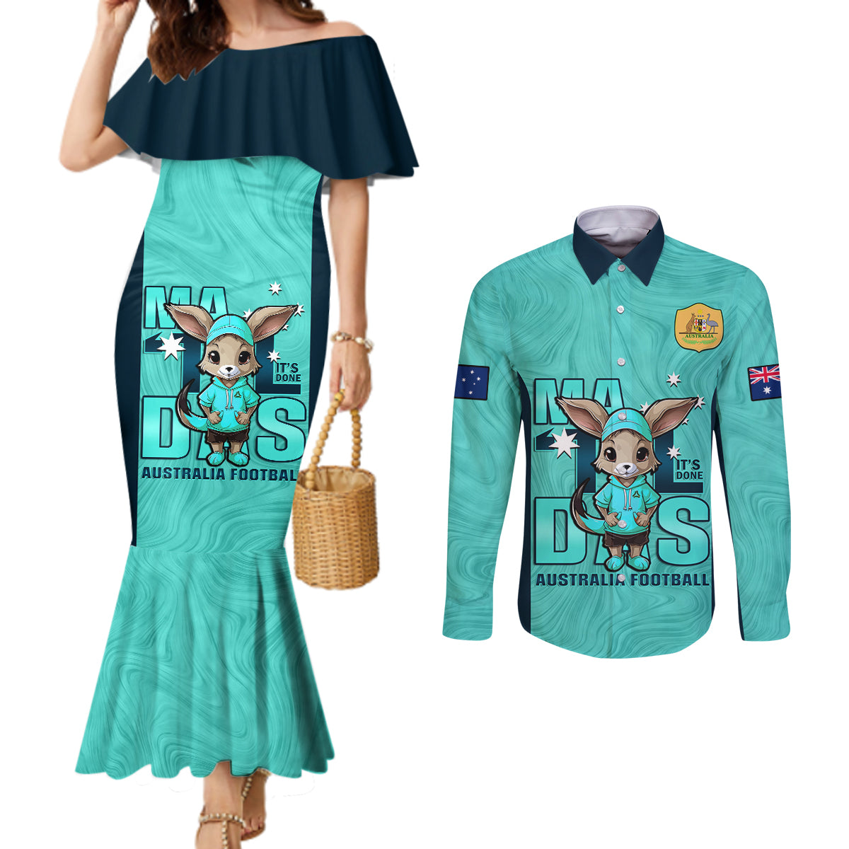 custom-matildas-couples-matching-mermaid-dress-and-long-sleeve-button-shirt-australian-cute-mascot-unique-turquosie-version