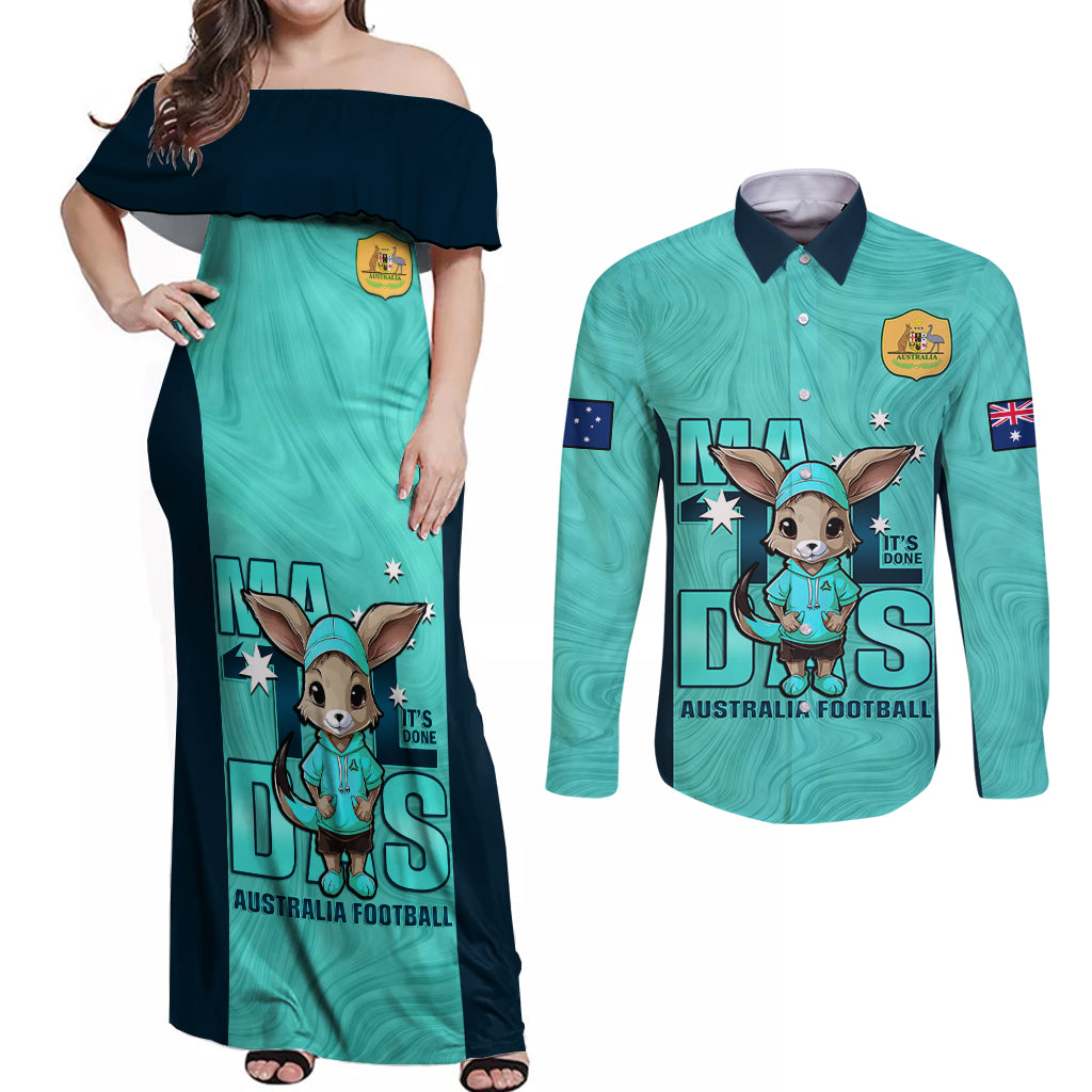 custom-matildas-couples-matching-off-shoulder-maxi-dress-and-long-sleeve-button-shirt-australian-cute-mascot-unique-turquosie-version