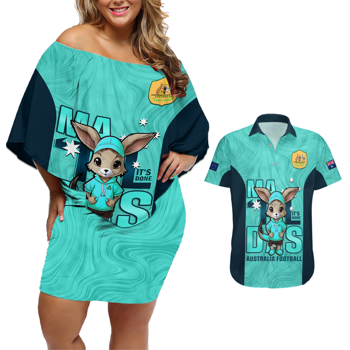 custom-matildas-couples-matching-off-shoulder-short-dress-and-hawaiian-shirt-australian-cute-mascot-unique-turquosie-version