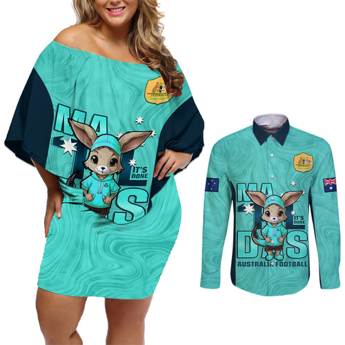 custom-matildas-couples-matching-off-shoulder-short-dress-and-long-sleeve-button-shirt-australian-cute-mascot-unique-turquosie-version