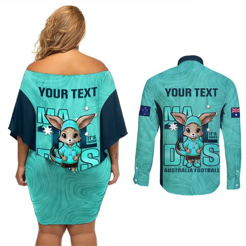 custom-matildas-couples-matching-off-shoulder-short-dress-and-long-sleeve-button-shirt-australian-cute-mascot-unique-turquosie-version