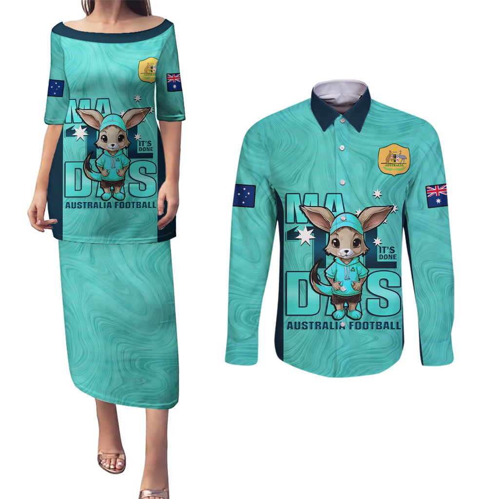 custom-matildas-couples-matching-puletasi-dress-and-long-sleeve-button-shirt-australian-cute-mascot-unique-turquosie-version