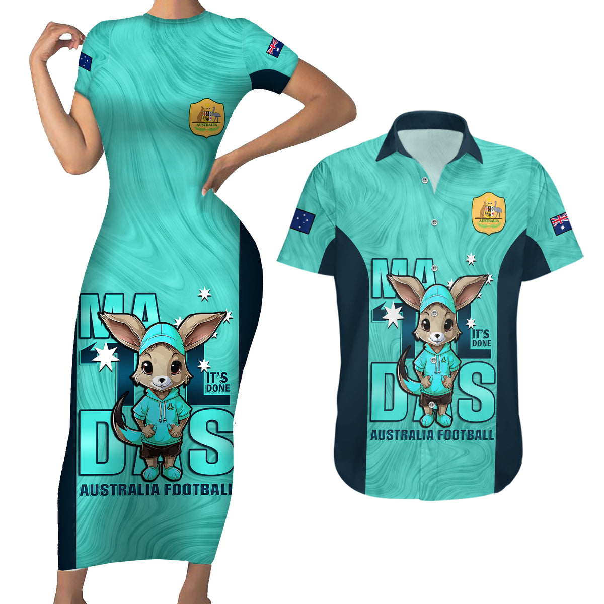 custom-matildas-couples-matching-short-sleeve-bodycon-dress-and-hawaiian-shirt-australian-cute-mascot-unique-turquosie-version
