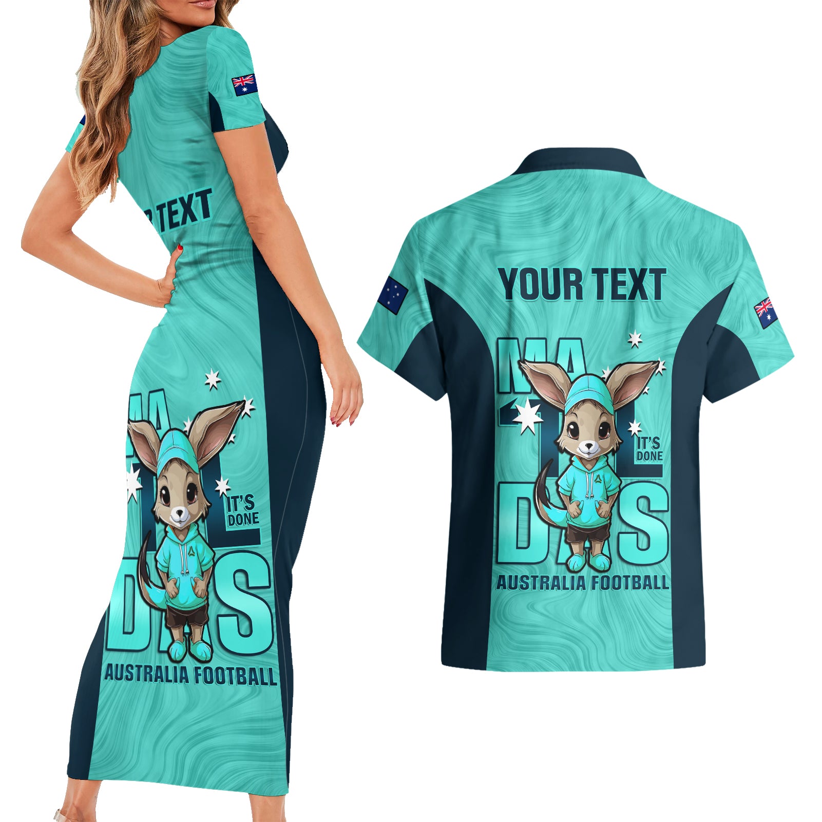 custom-matildas-couples-matching-short-sleeve-bodycon-dress-and-hawaiian-shirt-australian-cute-mascot-unique-turquosie-version