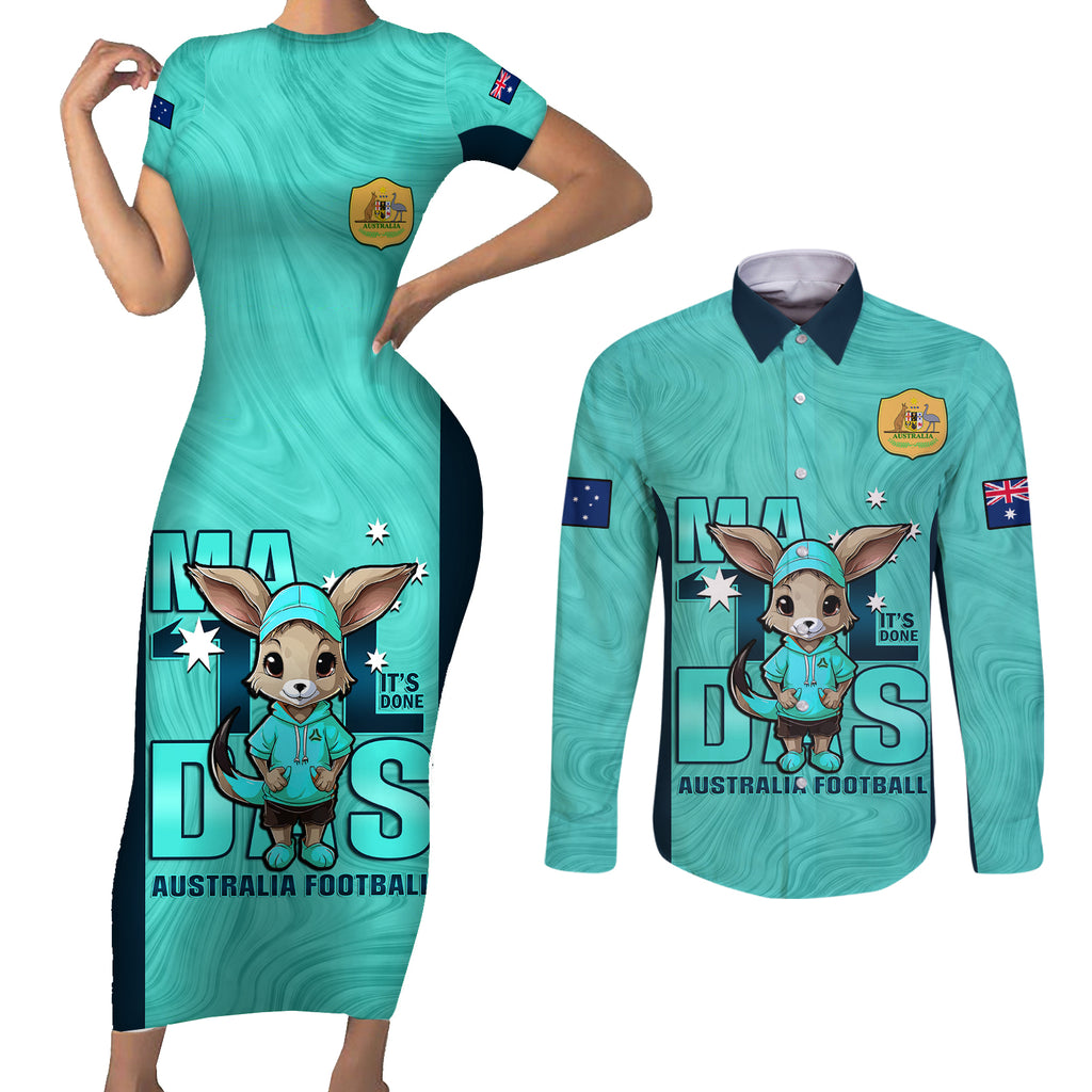 custom-matildas-couples-matching-short-sleeve-bodycon-dress-and-long-sleeve-button-shirt-australian-cute-mascot-unique-turquosie-version