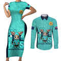 custom-matildas-couples-matching-short-sleeve-bodycon-dress-and-long-sleeve-button-shirt-australian-cute-mascot-unique-turquosie-version
