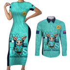 custom-matildas-couples-matching-short-sleeve-bodycon-dress-and-long-sleeve-button-shirt-australian-cute-mascot-unique-turquosie-version