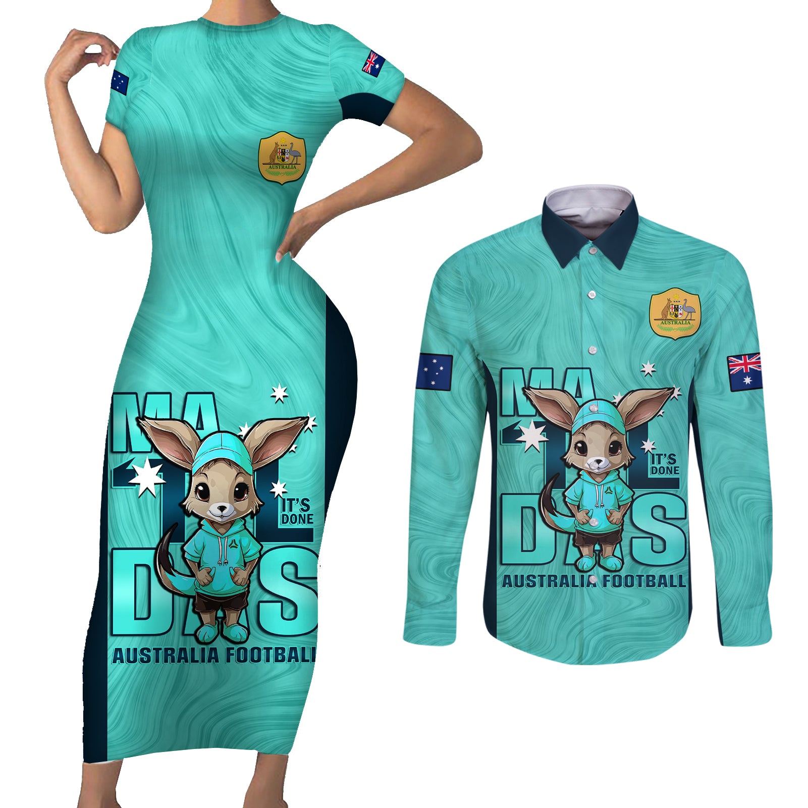 custom-matildas-couples-matching-short-sleeve-bodycon-dress-and-long-sleeve-button-shirt-australian-cute-mascot-unique-turquosie-version