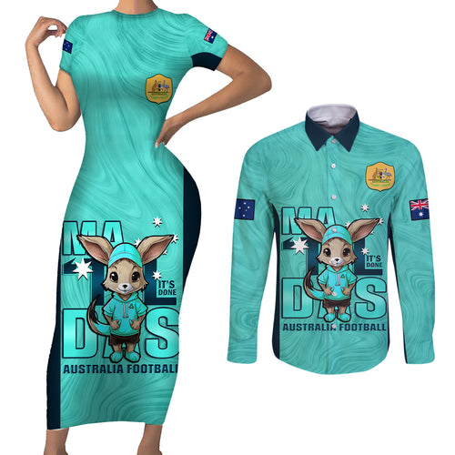 custom-matildas-couples-matching-short-sleeve-bodycon-dress-and-long-sleeve-button-shirt-australian-cute-mascot-unique-turquosie-version