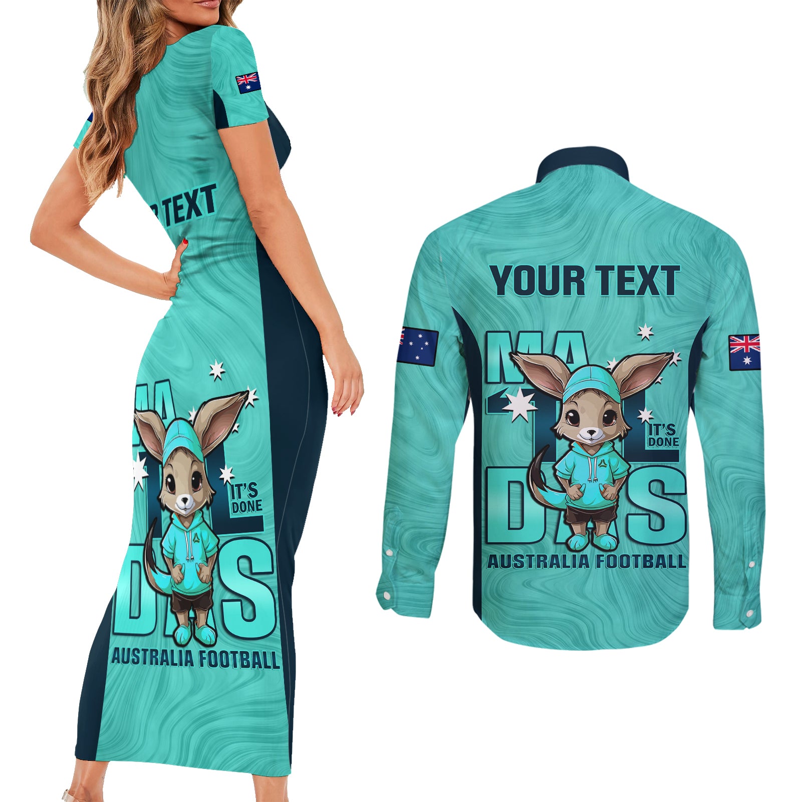 custom-matildas-couples-matching-short-sleeve-bodycon-dress-and-long-sleeve-button-shirt-australian-cute-mascot-unique-turquosie-version