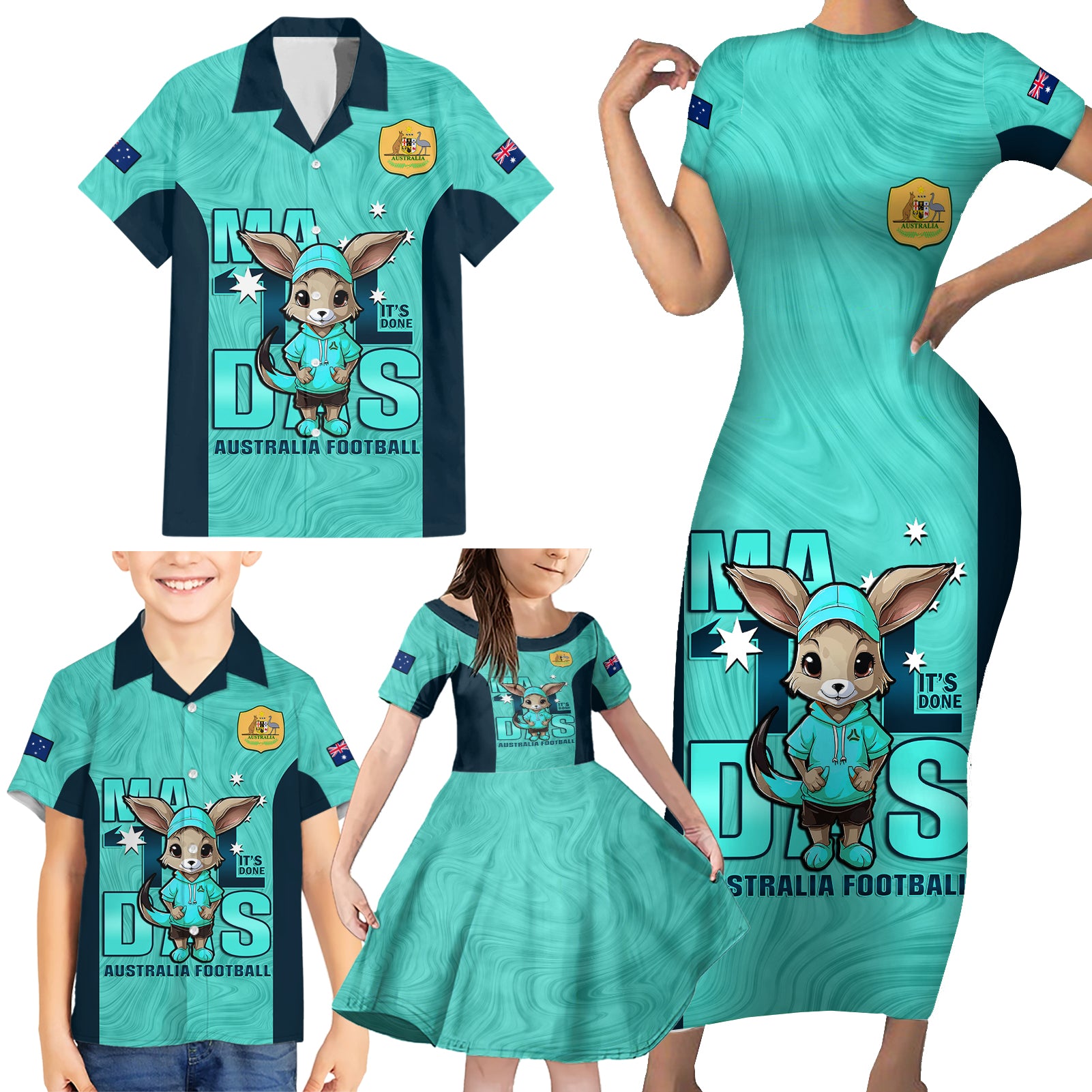 custom-matildas-family-matching-short-sleeve-bodycon-dress-and-hawaiian-shirt-australian-cute-mascot-unique-turquosie-version
