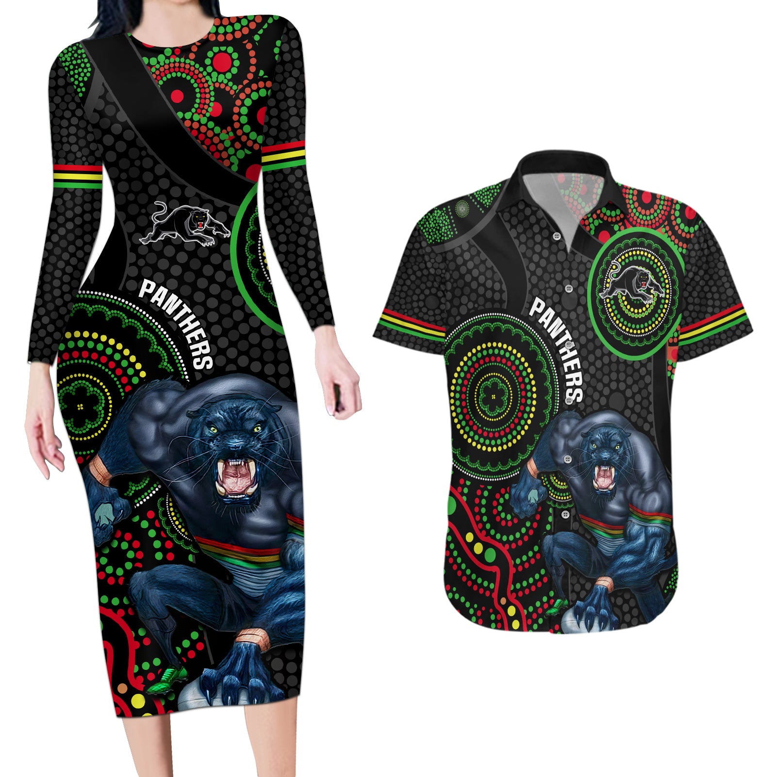 custom-nrl-panthers-couples-matching-long-sleeve-bodycon-dress-and-hawaiian-shirt-indigenous-penrith-dynamic-black-version