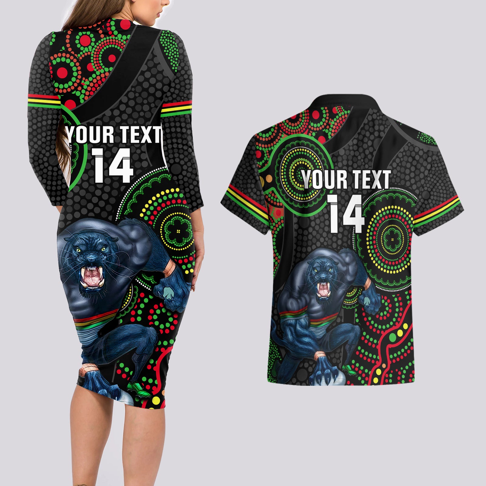 custom-nrl-panthers-couples-matching-long-sleeve-bodycon-dress-and-hawaiian-shirt-indigenous-penrith-dynamic-black-version