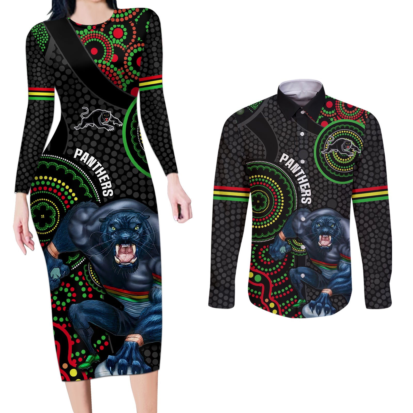 custom-nrl-panthers-couples-matching-long-sleeve-bodycon-dress-and-long-sleeve-button-shirt-indigenous-penrith-dynamic-black-version