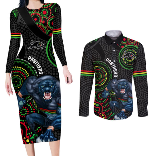 custom-nrl-panthers-couples-matching-long-sleeve-bodycon-dress-and-long-sleeve-button-shirt-indigenous-penrith-dynamic-black-version