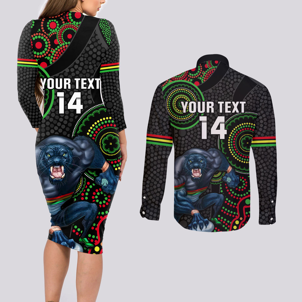 custom-nrl-panthers-couples-matching-long-sleeve-bodycon-dress-and-long-sleeve-button-shirt-indigenous-penrith-dynamic-black-version