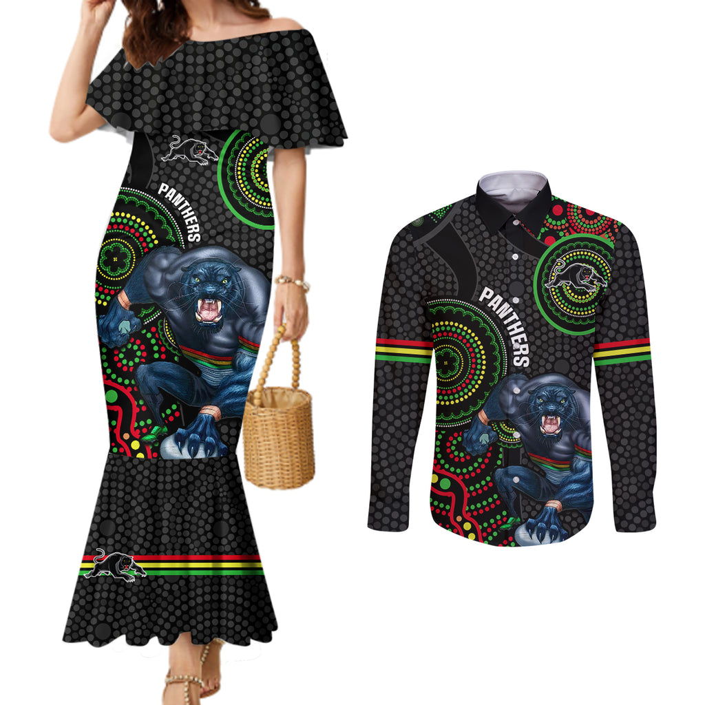 custom-nrl-panthers-couples-matching-mermaid-dress-and-long-sleeve-button-shirt-indigenous-penrith-dynamic-black-version