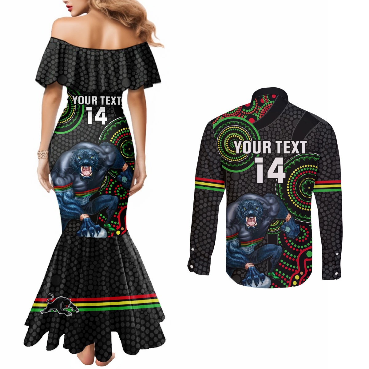 custom-nrl-panthers-couples-matching-mermaid-dress-and-long-sleeve-button-shirt-indigenous-penrith-dynamic-black-version