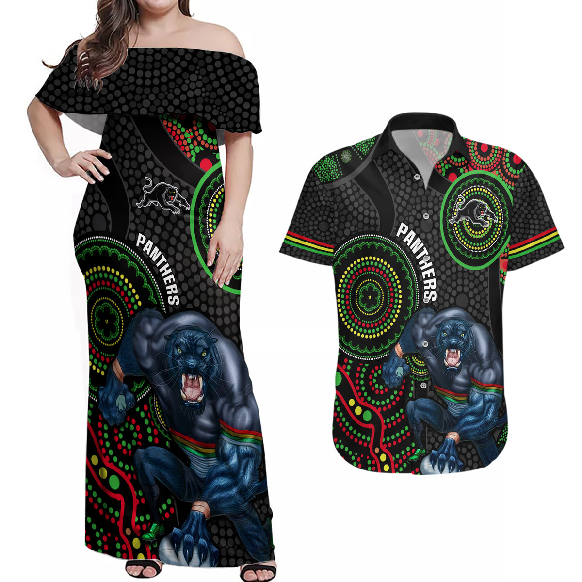 custom-nrl-panthers-couples-matching-off-shoulder-maxi-dress-and-hawaiian-shirt-indigenous-penrith-dynamic-black-version