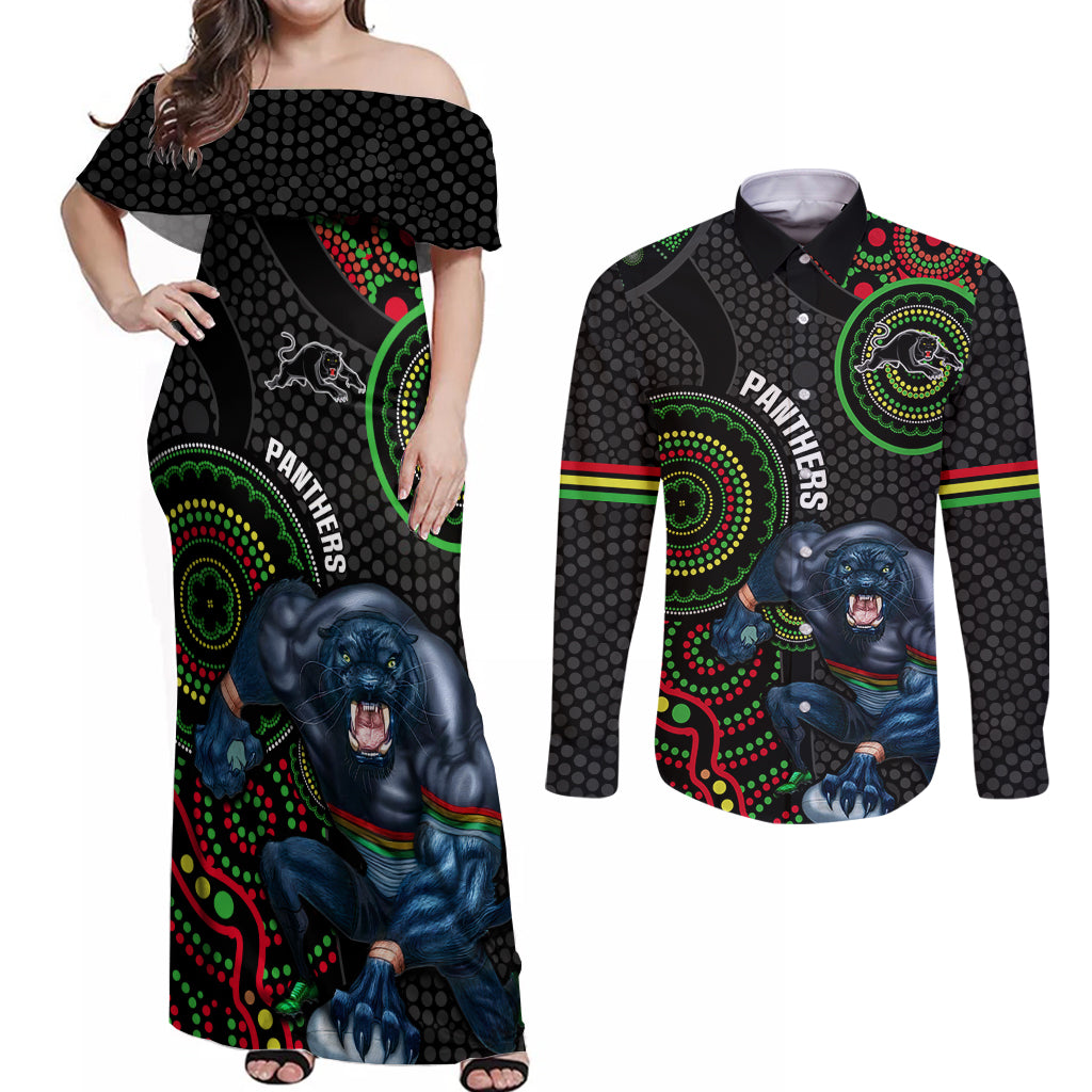 custom-nrl-panthers-couples-matching-off-shoulder-maxi-dress-and-long-sleeve-button-shirt-indigenous-penrith-dynamic-black-version