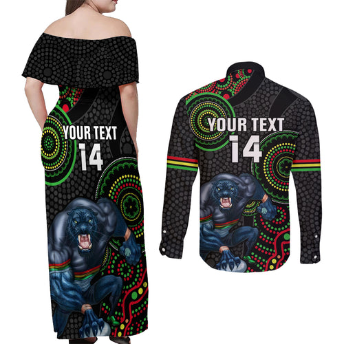 custom-nrl-panthers-couples-matching-off-shoulder-maxi-dress-and-long-sleeve-button-shirt-indigenous-penrith-dynamic-black-version