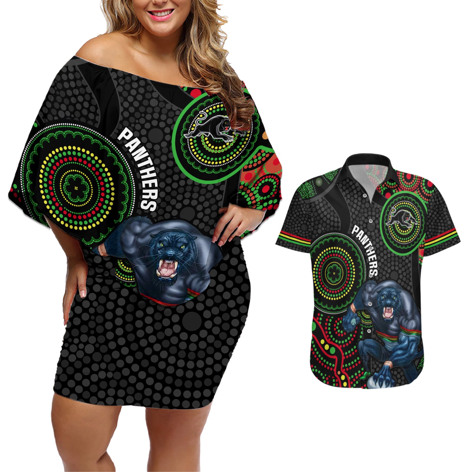 custom-nrl-panthers-couples-matching-off-shoulder-short-dress-and-hawaiian-shirt-indigenous-penrith-dynamic-black-version