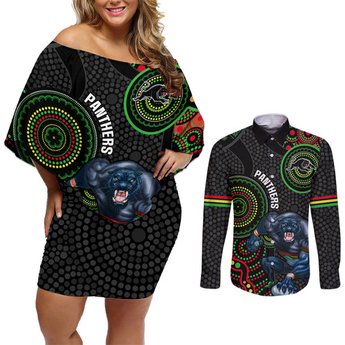custom-nrl-panthers-couples-matching-off-shoulder-short-dress-and-long-sleeve-button-shirt-indigenous-penrith-dynamic-black-version