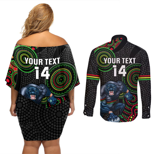 custom-nrl-panthers-couples-matching-off-shoulder-short-dress-and-long-sleeve-button-shirt-indigenous-penrith-dynamic-black-version