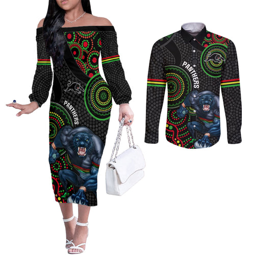 custom-nrl-panthers-couples-matching-off-the-shoulder-long-sleeve-dress-and-long-sleeve-button-shirt-indigenous-penrith-dynamic-black-version