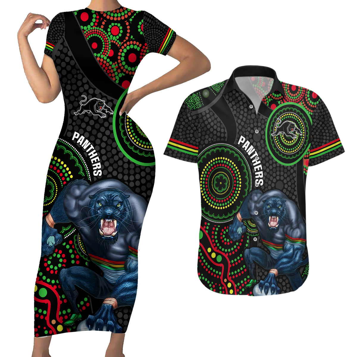 custom-nrl-panthers-couples-matching-short-sleeve-bodycon-dress-and-hawaiian-shirt-indigenous-penrith-dynamic-black-version