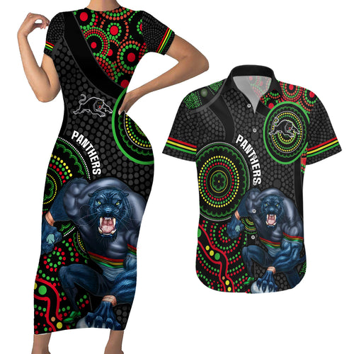 custom-nrl-panthers-couples-matching-short-sleeve-bodycon-dress-and-hawaiian-shirt-indigenous-penrith-dynamic-black-version